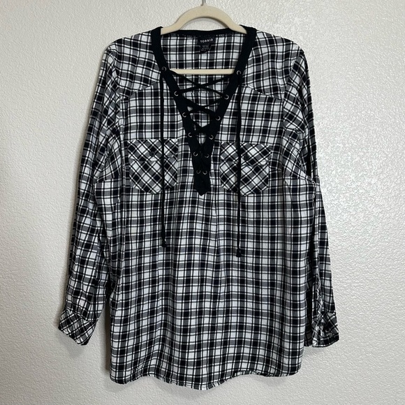 torrid Tops - Torrid Black White Plaid Flannel Lace-Up Pockets Long Sleeves Shirt, Size 2X